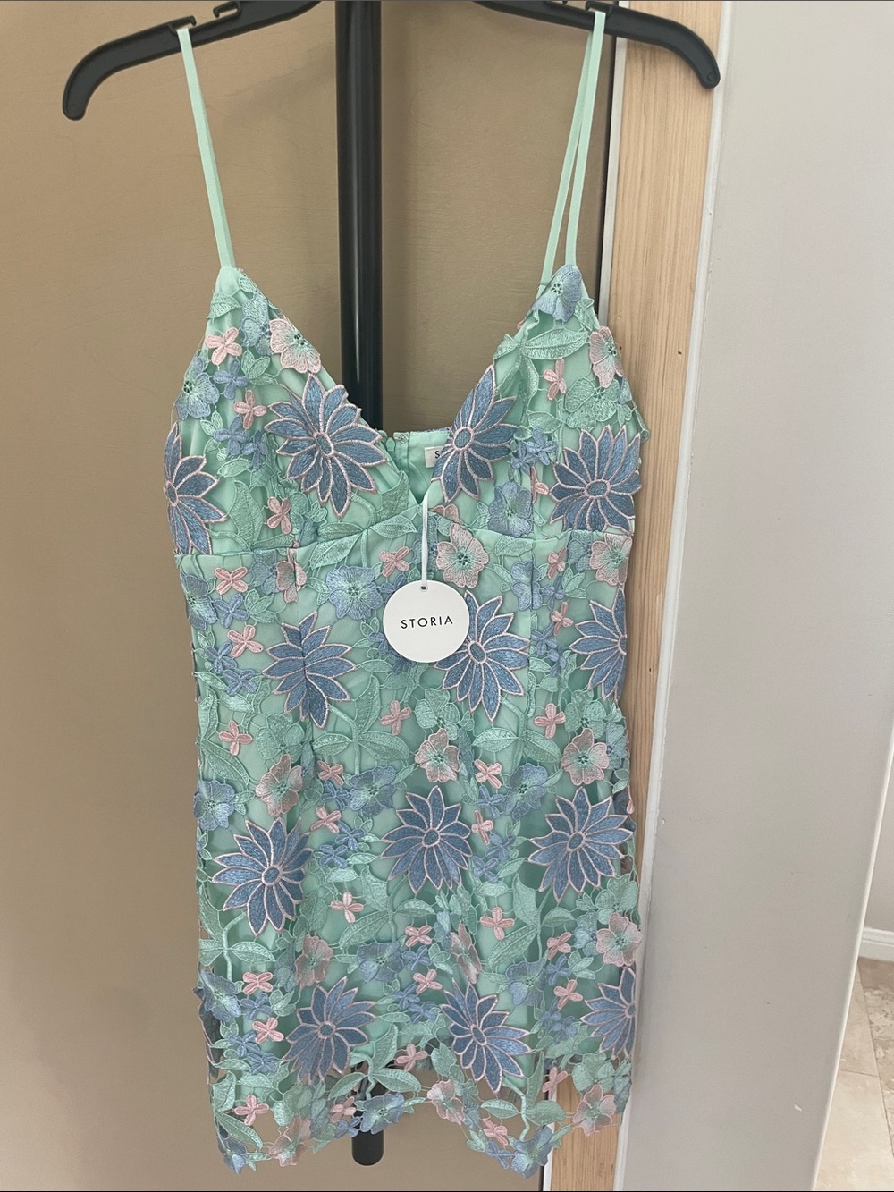 Storia Mint Green Floral Lace Mini Dress with Pink & Blue Embroidery